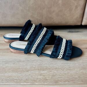 KAANAS Yassica Black Fringe Slide Sandals 6 Woven Boho Resort Beach Slip On Flat